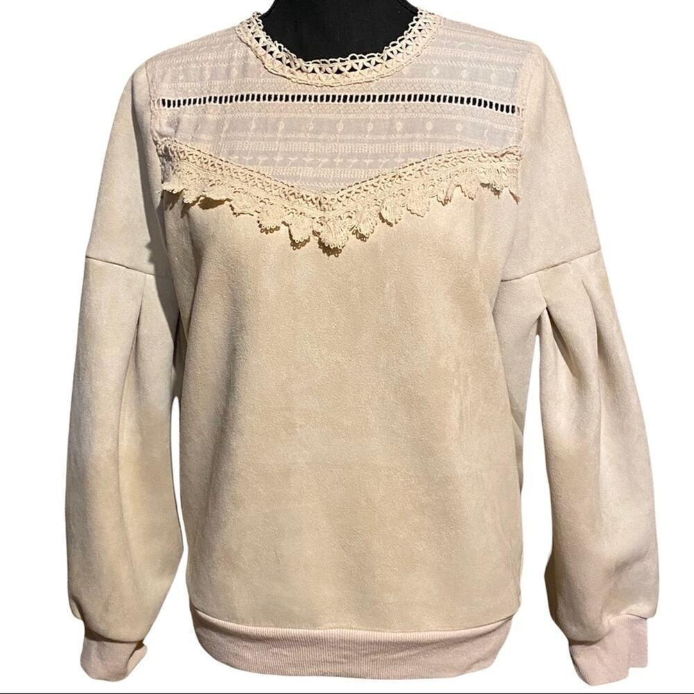 Alice Blue High Neck Lace Detail Ballon Sleeve Faux Suede Top M Medium